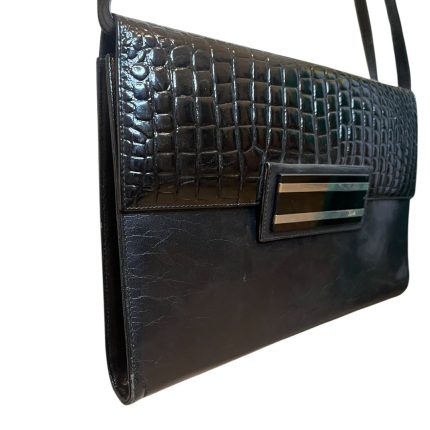 Borsa in pelle coccodrillo nera con specchietto