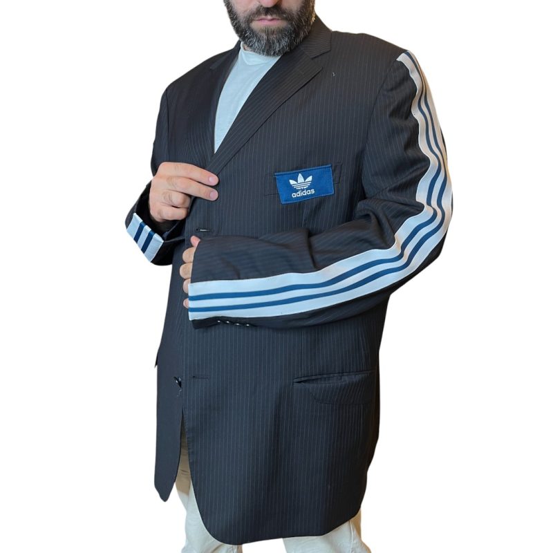 Blazer nero gessato con inserti blu petrolio