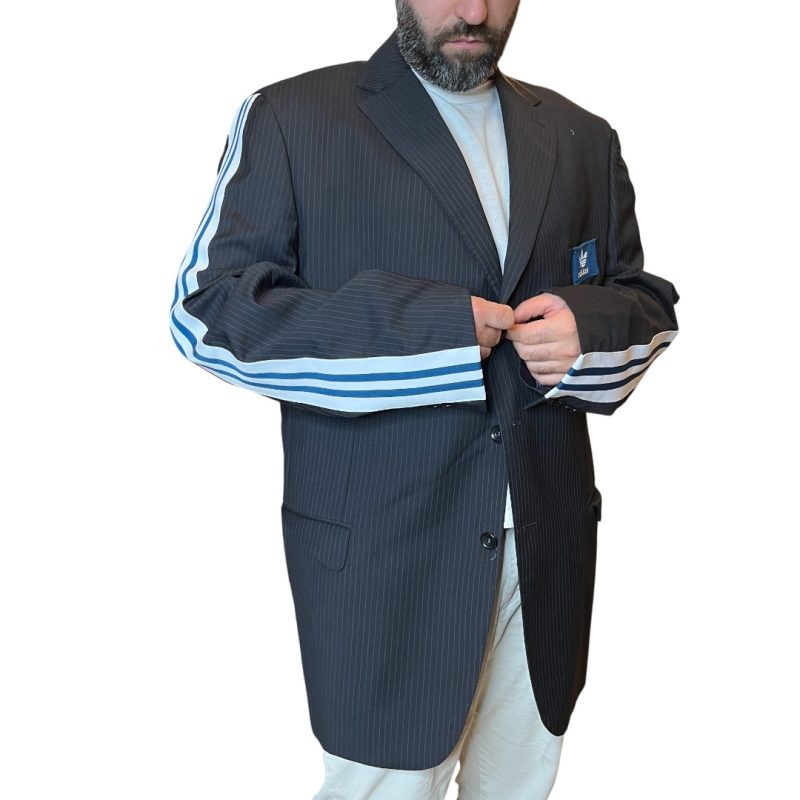 Blazer nero gessato con inserti blu petrolio