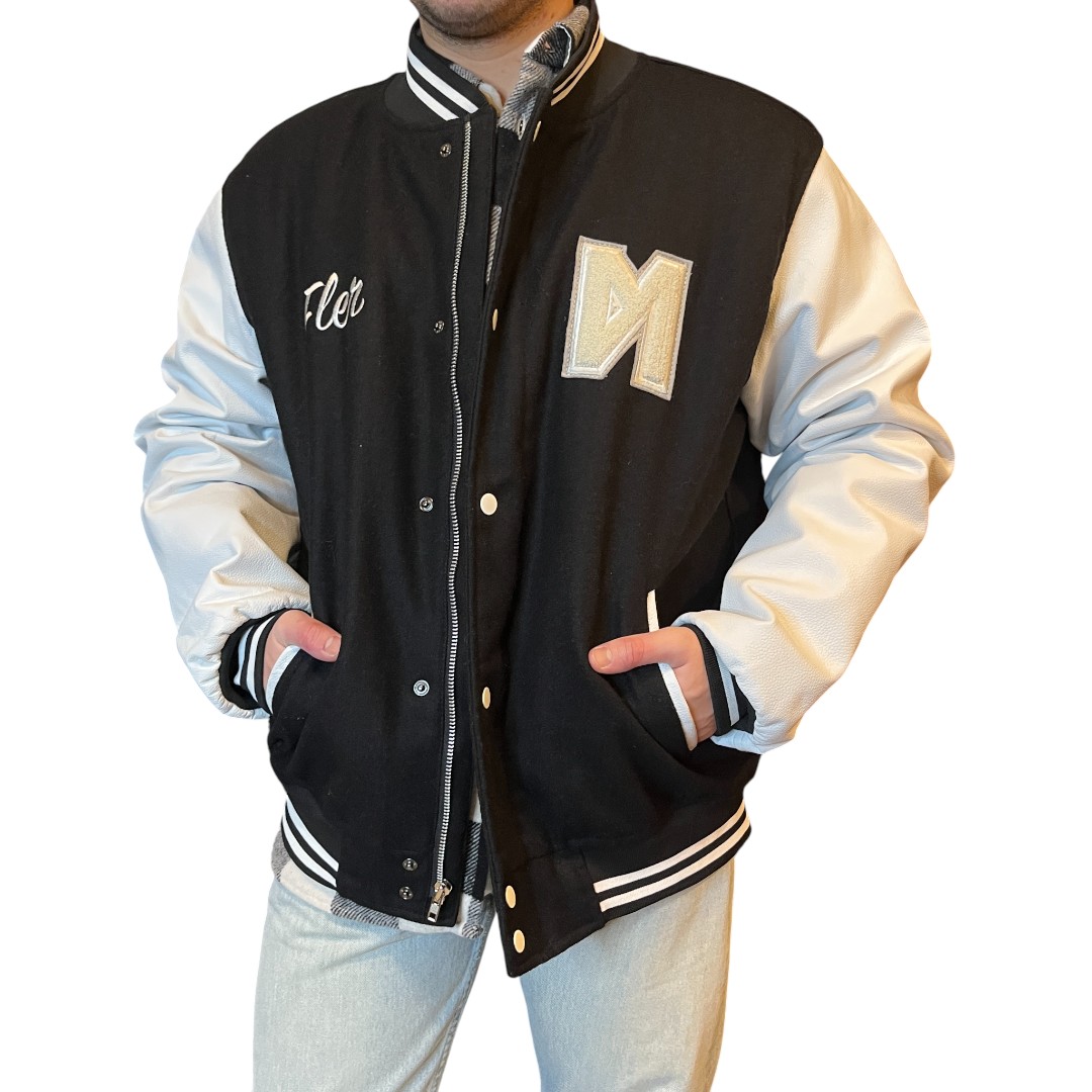 bomber in pelle nero con pelle bianca (4) Bomber vintage bianco e nero
