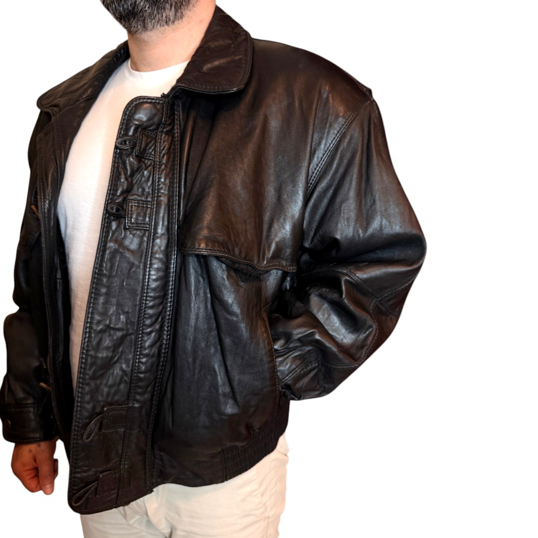 Bomber in vera pelle nero - con spallina