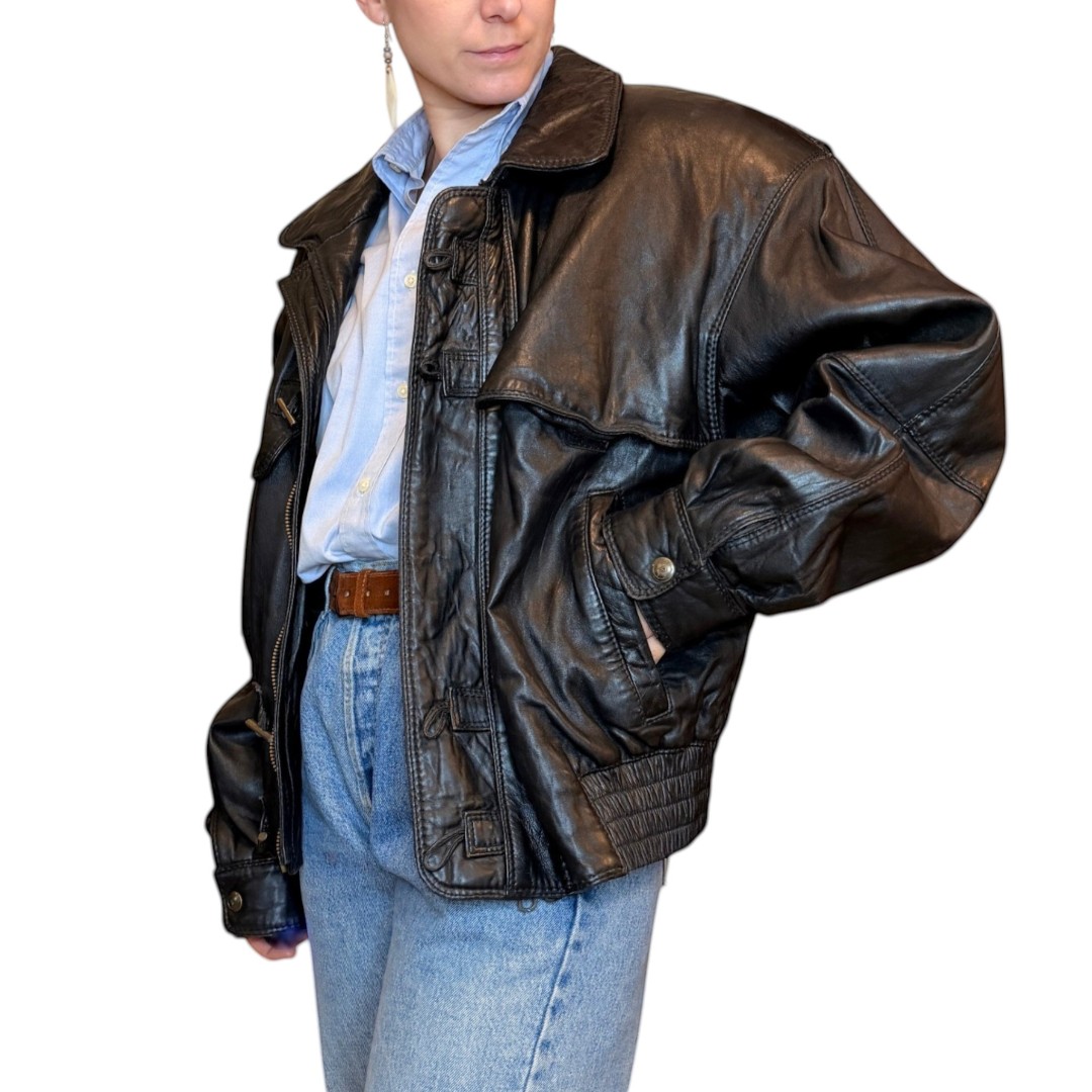 Bomber in vera pelle nero - con spallina