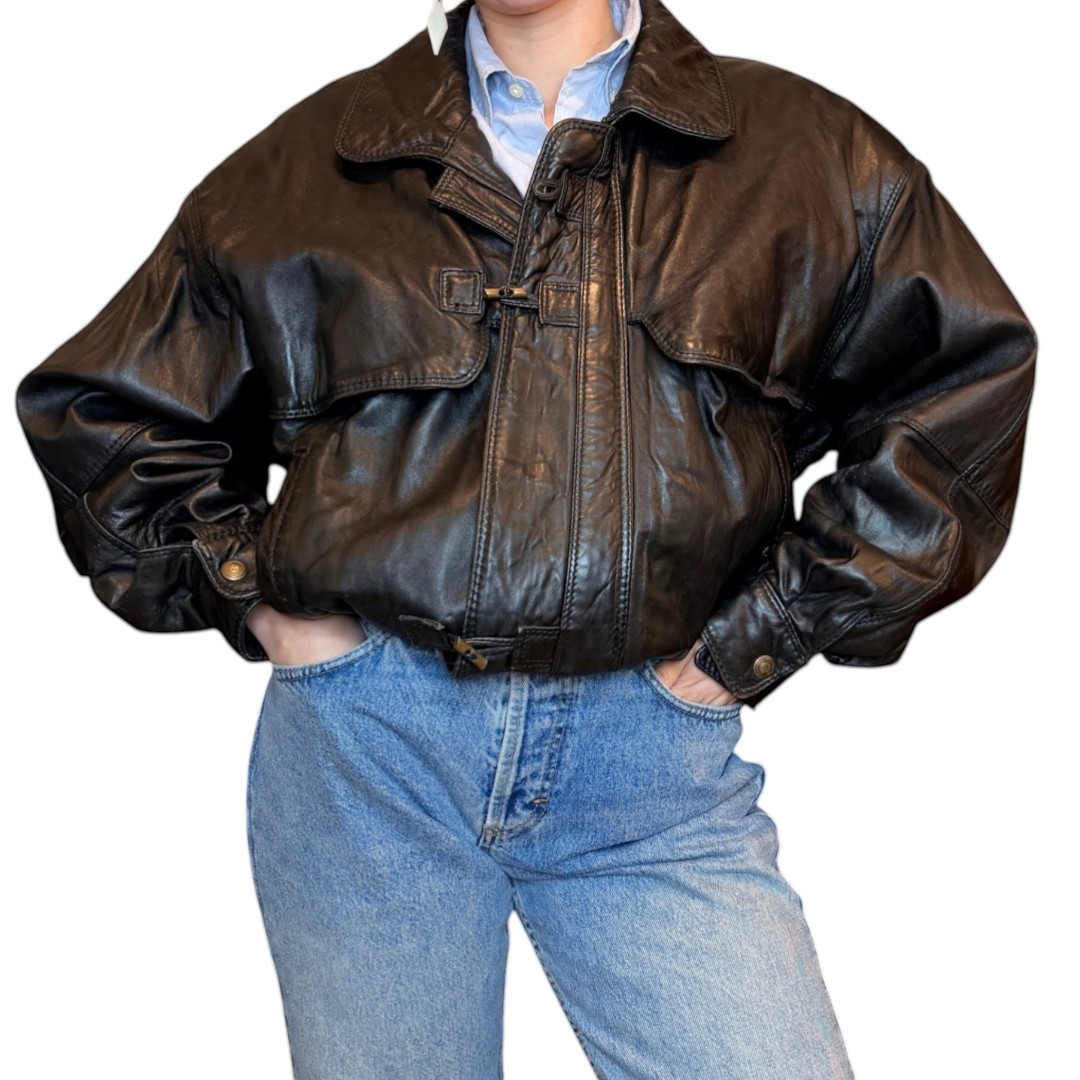 Bomber in vera pelle nero - con spallina