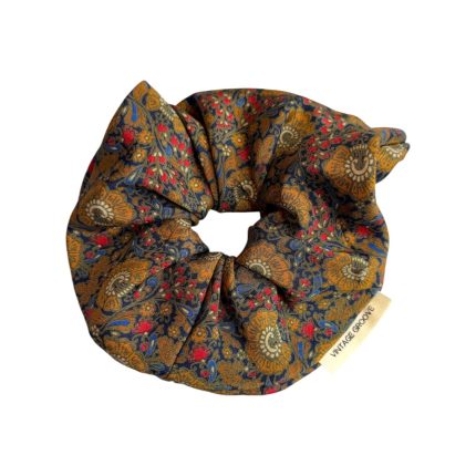 Vintage Groove Handmade - Scrunchie floreale blu e oro - 100% seta