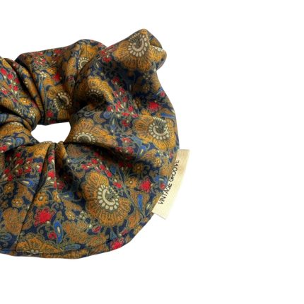 Vintage Groove Handmade - Scrunchie floreale blu e oro - 100% seta