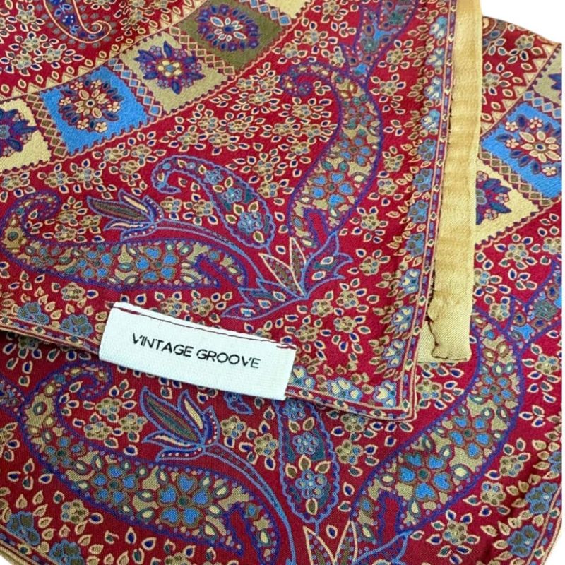 Vintage Groove Handmade – Foulard multicolor celeste e rosso – 100% seta