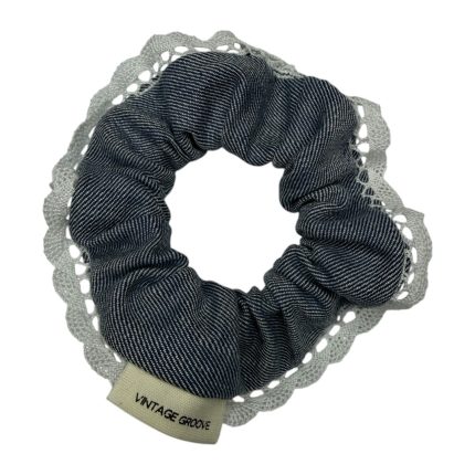 Vintage Groove Handmade - Scrunchie in denim chiaro con pizzo - piccolo