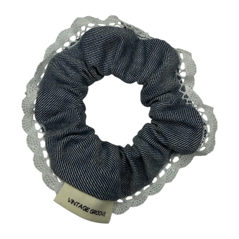 Vintage Groove Handmade - Scrunchie in denim chiaro con pizzo - piccolo