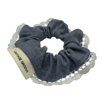 Vintage Groove Handmade - Scrunchie in denim chiaro con pizzo - piccolo