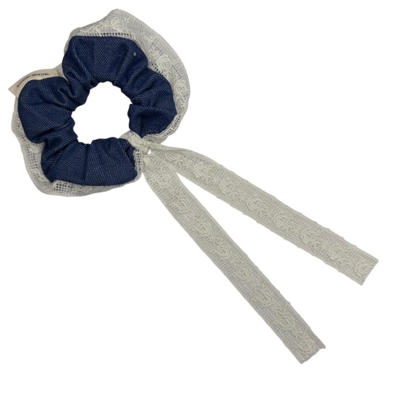 Vintage Groove Handmade - Scrunchie in denim scuro - con laccetto in pizzo