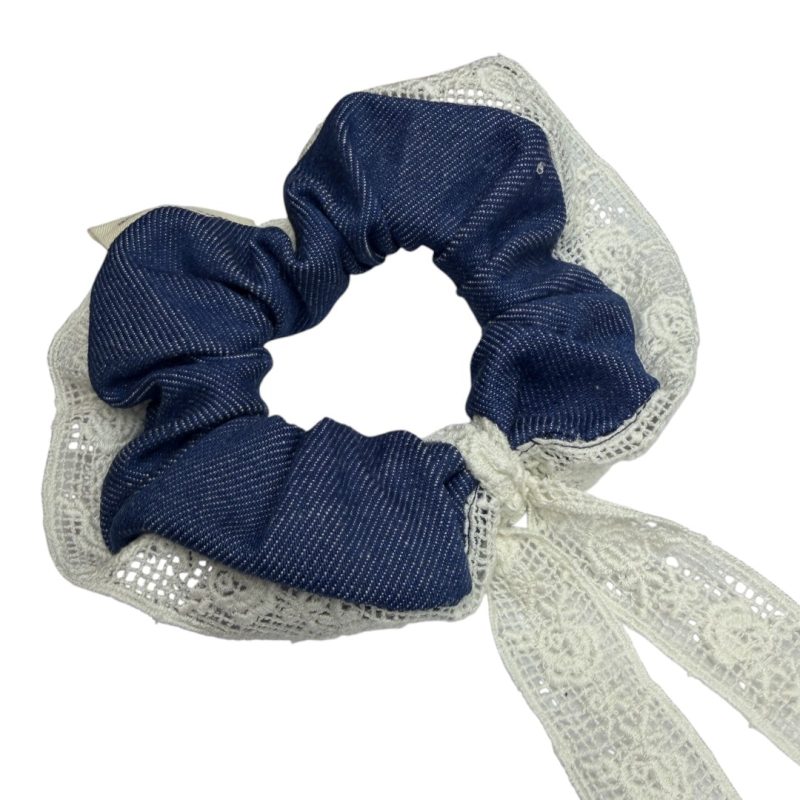 Vintage Groove Handmade - Scrunchie in denim scuro - con laccetto in pizzo