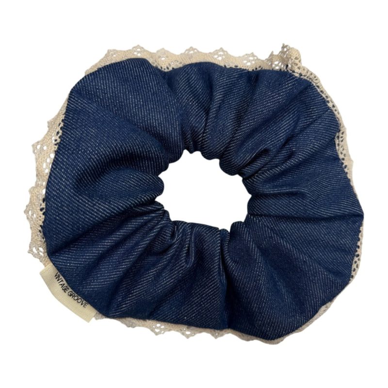 Vintage Groove Handmade - Scrunchie in denim scuro con pizzo - grande
