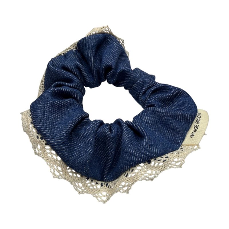 Vintage Groove Handmade - Scrunchie in denim scuro con pizzo - piccolo