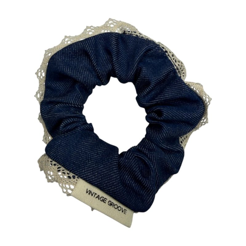 Vintage Groove Handmade - Scrunchie in denim scuro con pizzo - piccolo