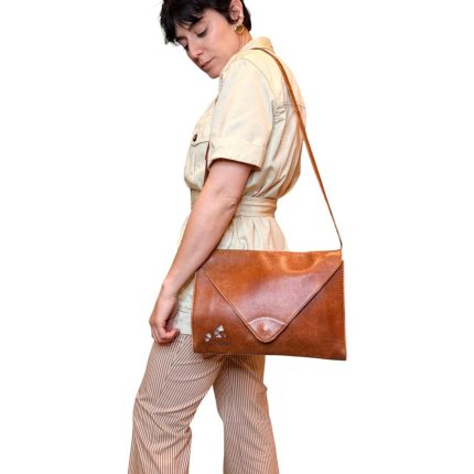 Borsa vintage - vera pelle marrone con ricamo
