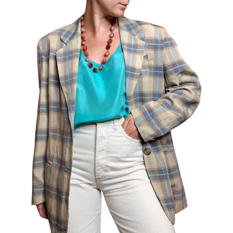Blazer vintage a quadri - beige e azzurro