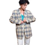 Blazer vintage a quadri - beige e azzurro