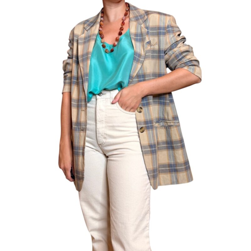 Blazer vintage a quadri - beige e azzurro