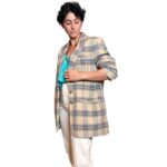 Blazer vintage a quadri - beige e azzurro