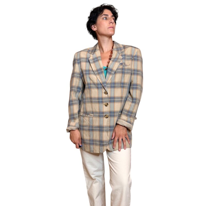 Blazer vintage a quadri - beige e azzurro