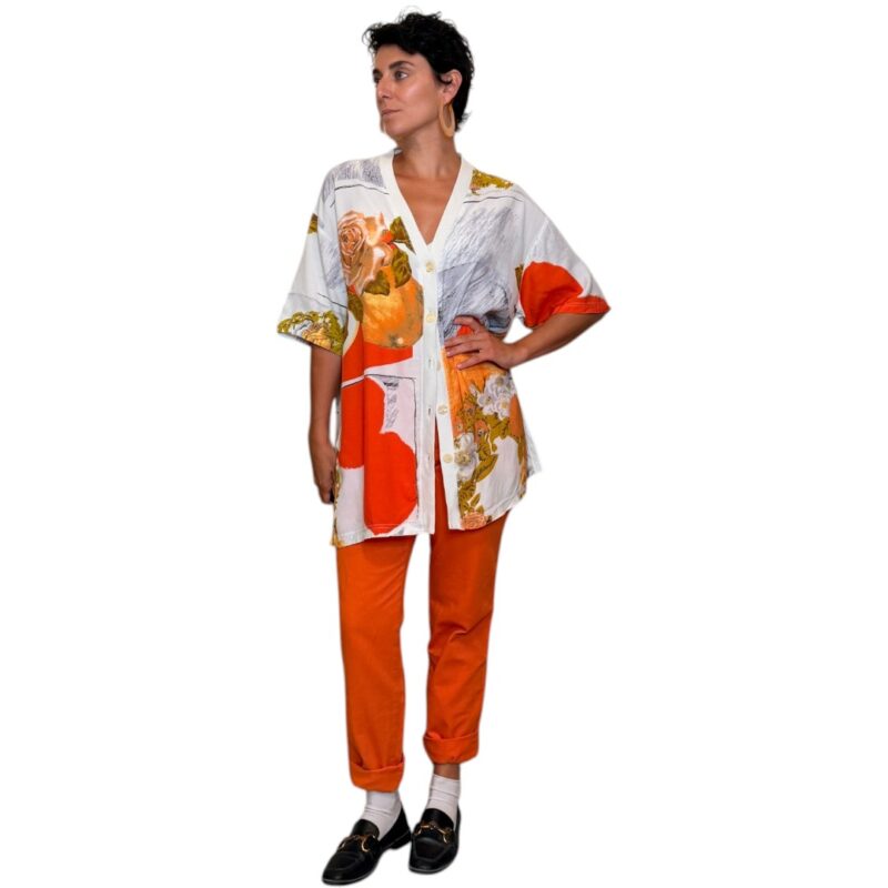 Camicia vintage lunga fantasia - bianco e arancione