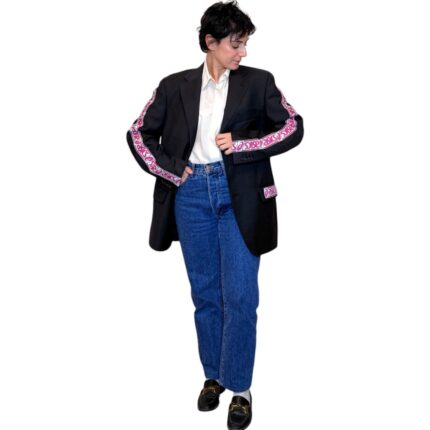 Vintage Groove Upcycling - Blazer grigioVintage Groove Upcycling - Blazer grigio scuro - inserti Asics rosa scuro - inserti Asics rosa