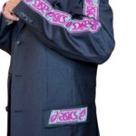 Vintage Groove Upcycling - Blazer grigio scuro - inserti Asics rosa