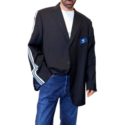 Vintage Groove Upclycling - Blazer nero gessato - inserti Adidas blu petrolio