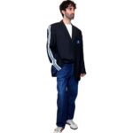 Vintage Groove Upclycling - Blazer nero gessato - inserti Adidas blu petrolio