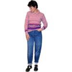 Benetton - Maglione vintage rosa con colletto - 100% lana