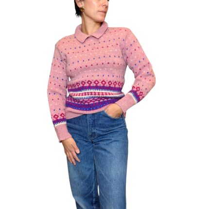 Benetton - Maglione vintage rosa con colletto - 100% lana