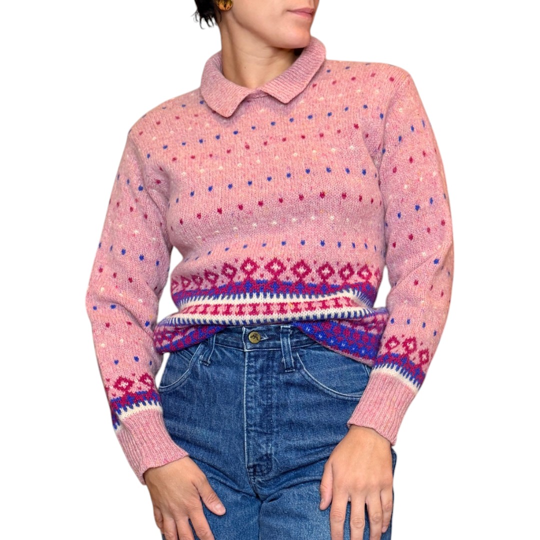IMG_6449 Benetton - Maglione vintage rosa con colletto - 100% lana