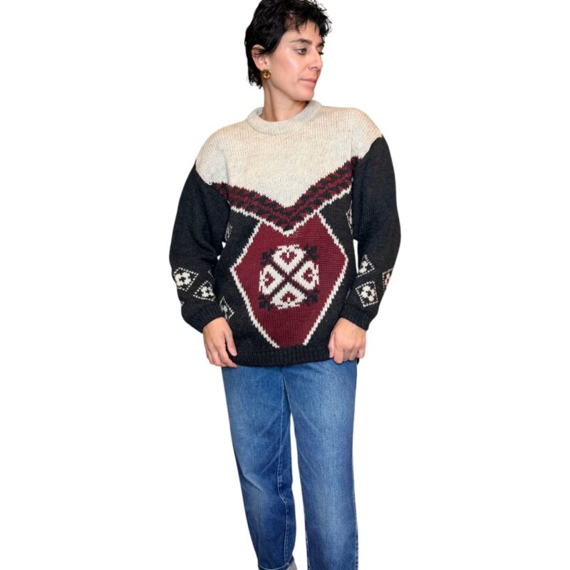 Maglione vintage girocollo grigio scuro e bordeaux