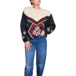 Maglione vintage girocollo grigio scuro e bordeaux