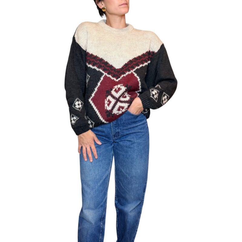 Maglione vintage girocollo grigio scuro e bordeaux
