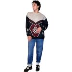 Maglione vintage girocollo grigio scuro e bordeaux