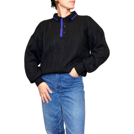 Maglione vintage intrecciato nero con colletto