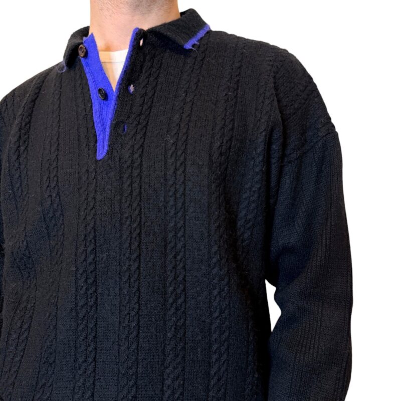 Maglione vintage intrecciato nero con colletto