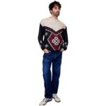 Maglione vintage girocollo grigio scuro e bordeaux