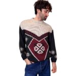 Maglione vintage girocollo grigio scuro e bordeaux