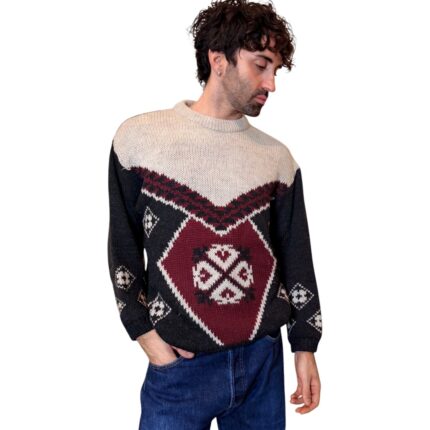 Maglione vintage girocollo grigio scuro e bordeaux