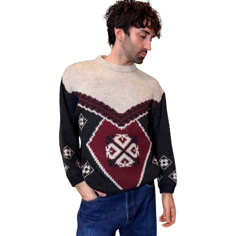Maglione vintage girocollo grigio scuro e bordeaux