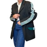Vintage Groove Upcycling - Blazer grigio - inserti Adidas verde