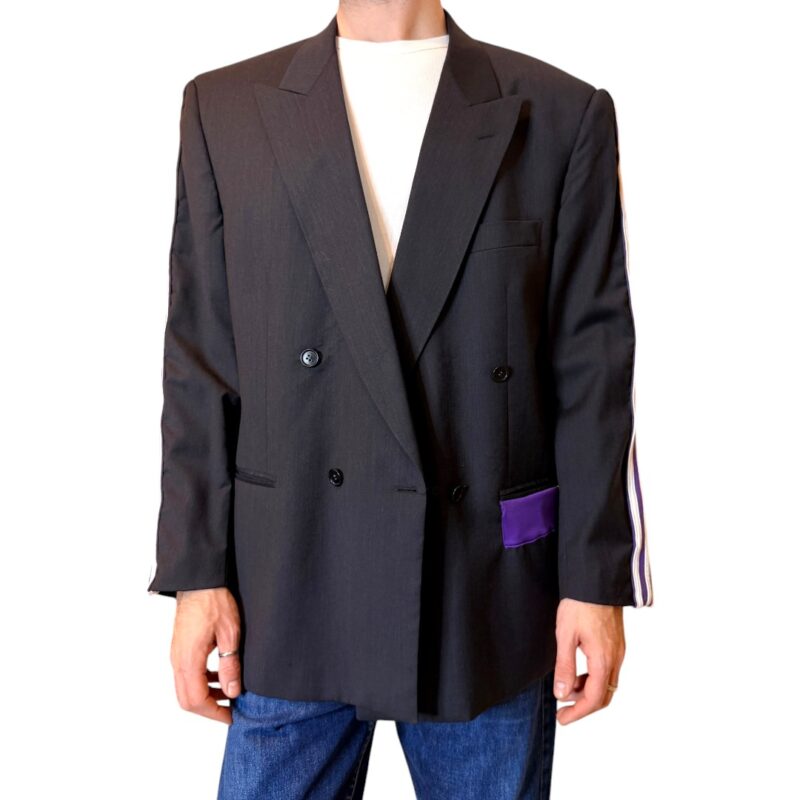 Vintage Groove Upcycling - Blazer grigio scuro - inserti Adidas viola